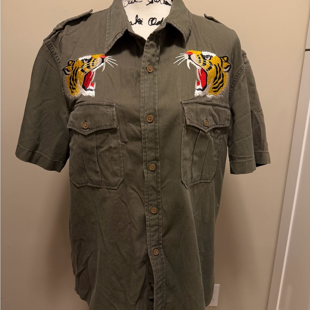 Men's Olive Green Embroidered Tiger Shirt